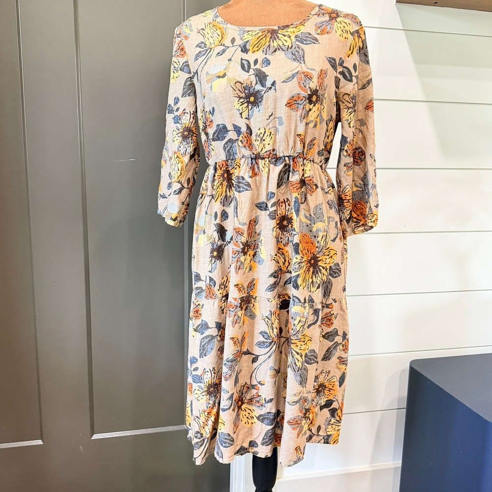 Floral Midi Dress Medium Orange Tan Fall Tiered Elastic Waist NWOT